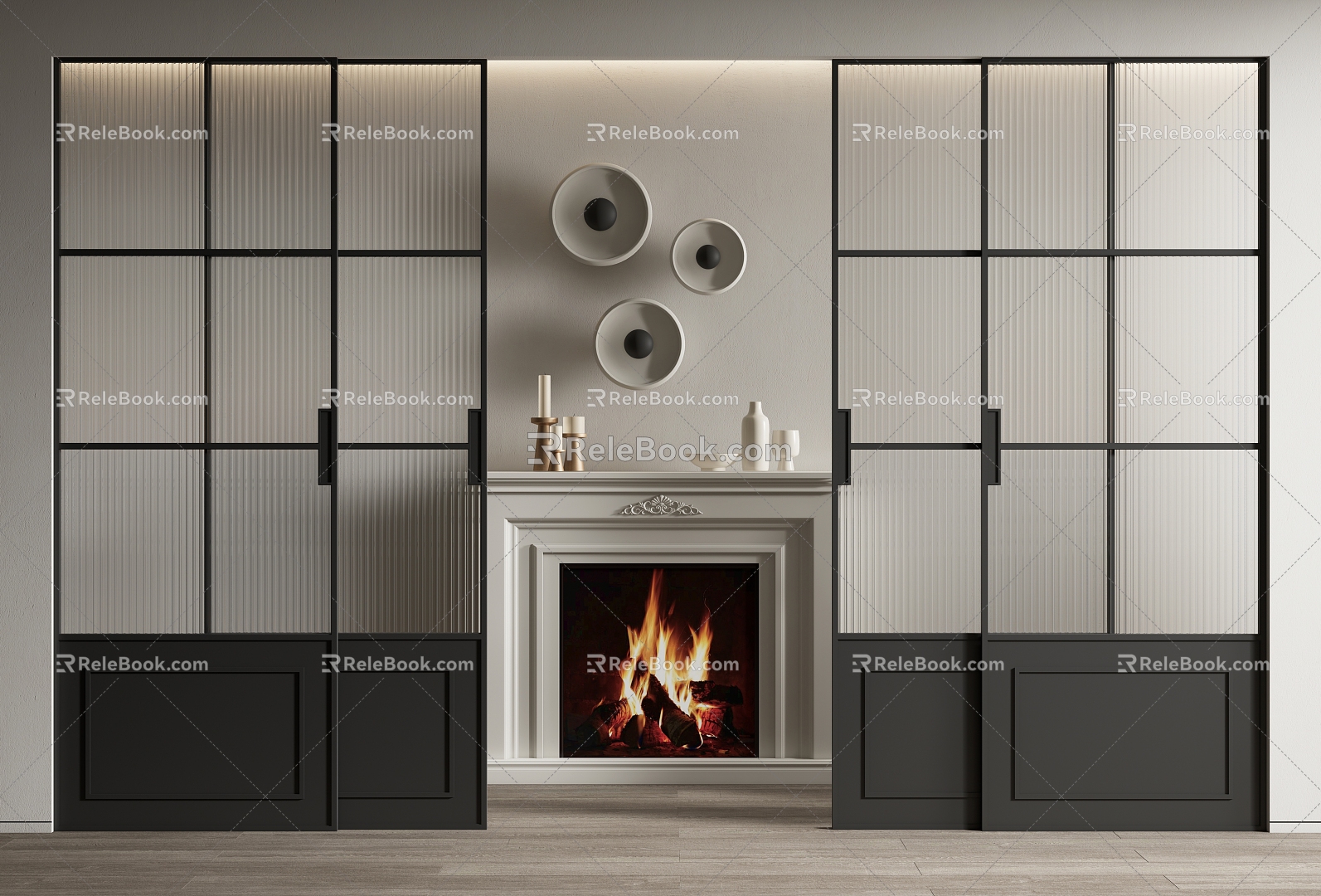 French Fireplace Multi-connection Sliding Door Glass Sliding Door Fireplace 3d model