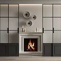 Modern Fireplace Interior Design With Grey Cabinets Circular Decorations And Burning Flames 3d model