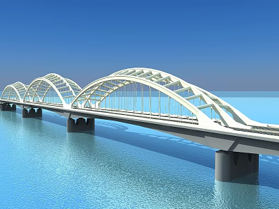 Modern White Arched Bridge Structure Spanning Over Blue Water With Clear Sky 3d model