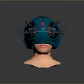 Modern Tech Inspired Blue Head Mounted Helmet With Black Structures And Red Circular Component 3d model