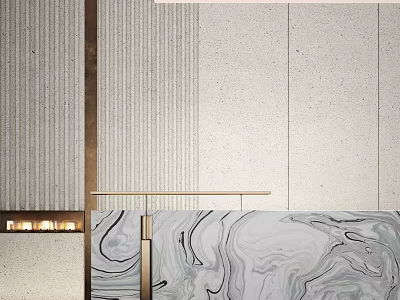 Modern Reception Desk Featuring Marble Countertop Metal Accents And Striped Background Wall With Recessed Lighting 3d model