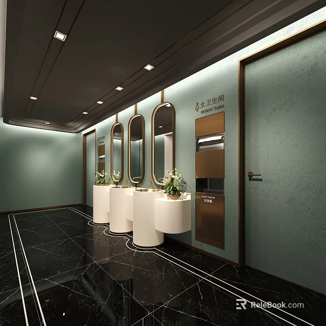 Modern Public Toilet Interior With Round Mirrors White Sinks Green Walls And Plants 3d model 