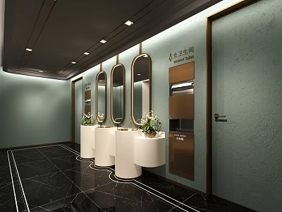 Modern Public Toilet Interior With Round Mirrors White Sinks Green Walls And Plants 3d model