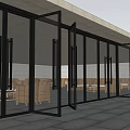 Modern Building With Large Glass Doors And Wooden Tables Inside Stone Tile Floor