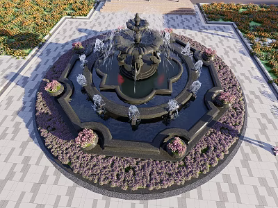 Ornate Circular Fountain With Purple Flower Beds Paved Surroundings And Greenery 3d model