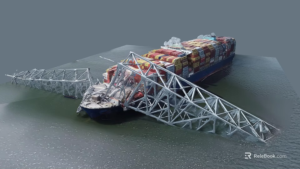 Container Ship Loaded With Containers Collided With Bridge Structure Accident Scene 3d model 