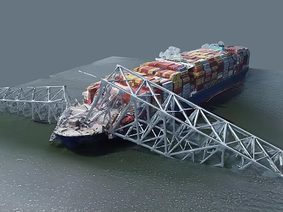Container Ship Loaded With Containers Collided With Bridge Structure Accident Scene 3d model