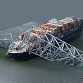 Container Ship Loaded With Containers Collided With Bridge Structure Accident Scene 3d model