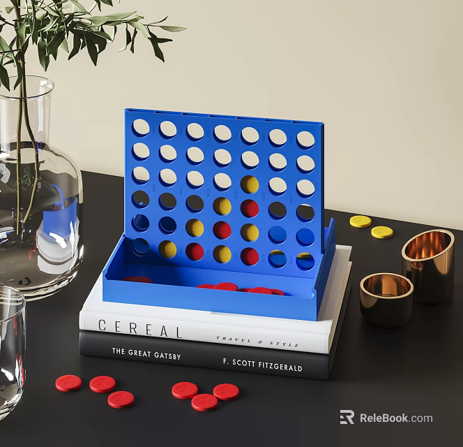 Table Setup With Connect Four Game Books Glasses And Discs 3d model