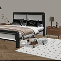 Modern Bedroom Interior With Upholstered Bed Pillows Storage Boxes Nightstand Table Lamp And Rug
