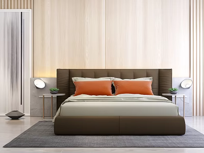 Background Double Bed With Brown Headboard Orange Beige Pillows Side Nightstands And Light Wood Wall 3d model