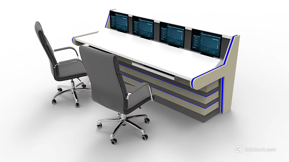 Modern Workstation Console Desk With Multiple Screens And Office Chairs Setup 3d model 