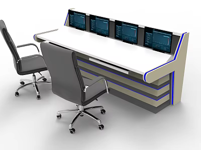 Modern Workstation Console Desk With Multiple Screens And Office Chairs Setup 3d model