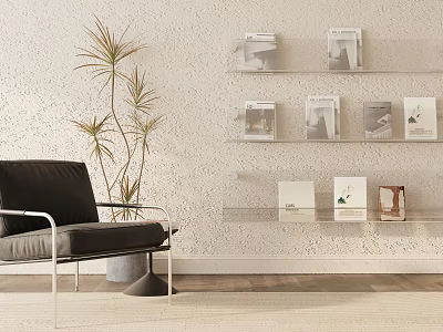 Modern Minimalist Interior With Black Accent Chair Potted Plant White Textured Wall And Glass Shelves 3d model