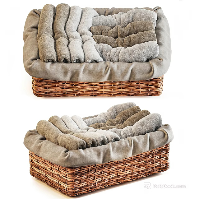 Decorative Wicker Storage Basket with Folded Gray Towels for Home Organization 3d model 