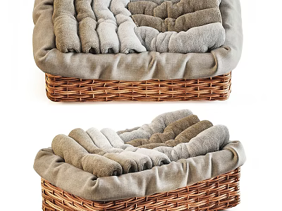 Decorative Wicker Storage Basket with Folded Gray Towels for Home Organization 3d model