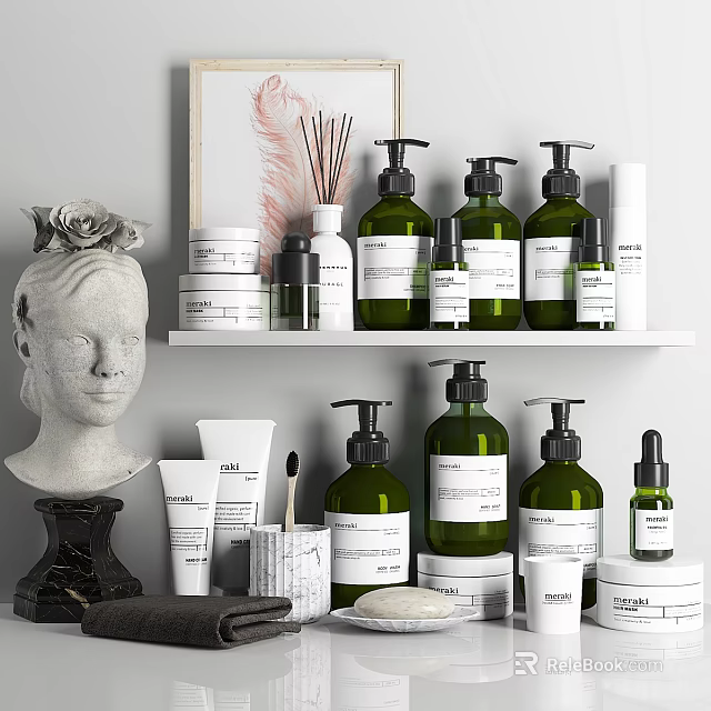 Modern Bathroom Accessories On Shelf With Green Bottles White Containers Toothbrush And Aromatherapy 3d model 
