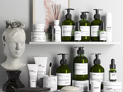 Modern Bathroom Accessories On Shelf With Green Bottles White Containers Toothbrush And Aromatherapy 3d model