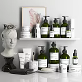 Modern Bathroom Accessories On Shelf With Green Bottles White Containers Toothbrush And Aromatherapy