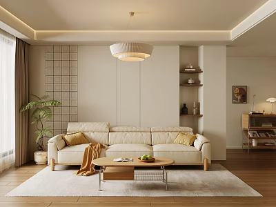 Modern Living Room With Beige Sofa Wooden Coffee Table Rug Green Plant And Pendant Light 3d model