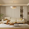 Modern Living Room With Beige Sofa Wooden Coffee Table Rug Green Plant And Pendant Light