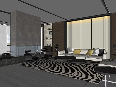 Modern Hotel Guest Room With Sofa Armchairs Zebra Patterned Rug And Floor To Ceiling Windows 3d model