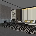 Modern Hotel Guest Room With Sofa Armchairs Zebra Patterned Rug And Floor To Ceiling Windows