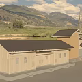 Scenic Wooden House with Black Roof Mountain View Grassland and River