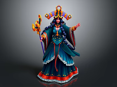 Woman Sorceress In Elaborate Blue Red Gown With Ornate Headdress And Magic Staff 3d model