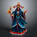 Woman Sorceress In Elaborate Blue Red Gown With Ornate Headdress And Magic Staff