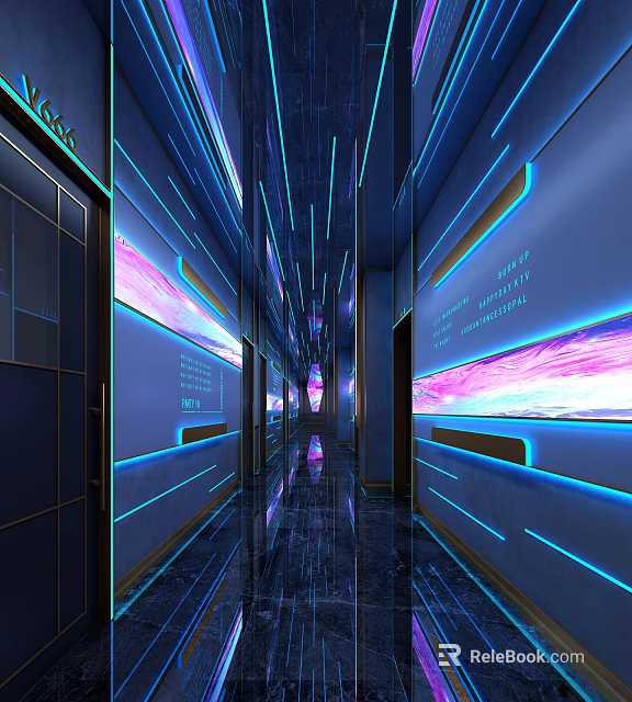 Modern KTV Corridor With Blue Pink Neon Lights Wall Screens And Reflective Floor 3d model 