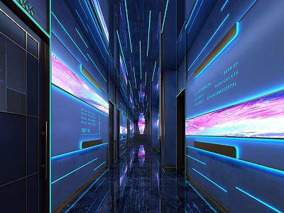 Modern KTV Corridor With Blue Pink Neon Lights Wall Screens And Reflective Floor 3d model