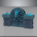 Mystical Blue Door With Dragon Carved Design And Brick Pillars Flaming Torches