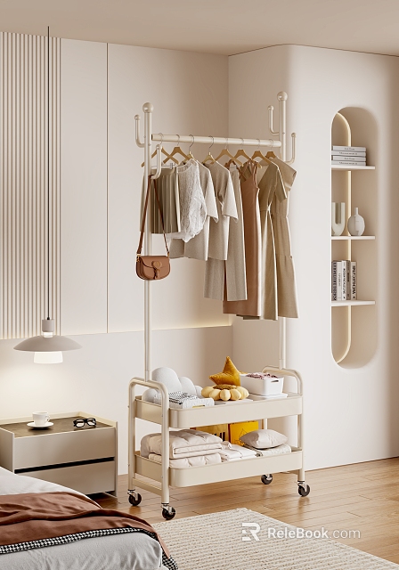 Cozy Bedroom Interior With Clothes Rack Hanging Clothes Bookshelf Vases And Storage Cart 3d model 