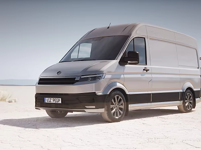 Silver Volkswagen Van Parked in Desert Landscape With Modern Exterior Design And Wheels 3d model