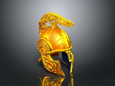Golden Medieval Warrior Helmet With Intricate Dragon Design And Decorative Details 3d model