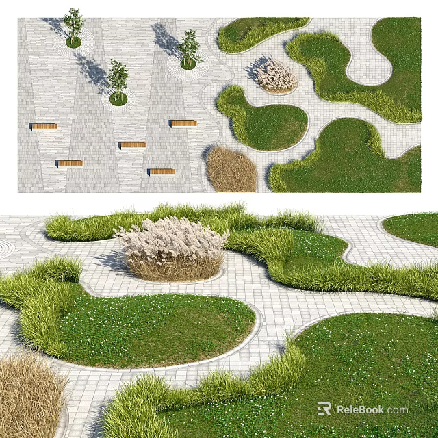 Natural Indoor Landscape With Green Grass Patches Stone Pathways Wooden Benches And Small Plants 3d model 
