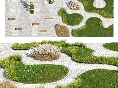 Natural Indoor Landscape With Green Grass Patches Stone Pathways Wooden Benches And Small Plants 3d model