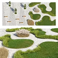 Natural Indoor Landscape With Green Grass Patches Stone Pathways Wooden Benches And Small Plants