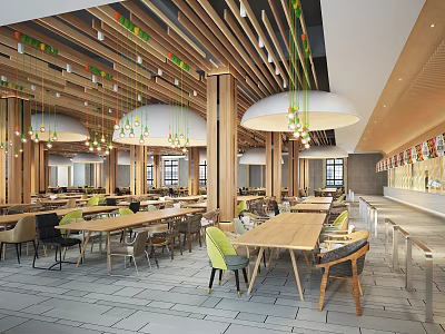 Bright Spacious Restaurant Interior With Wooden Ceiling Hanging Lights Dining Tables And Chairs 3d model