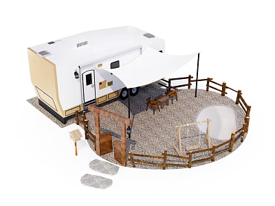 White Recreational Vehicle With Wooden Fence Swing And Picnic Area Setup 3d model
