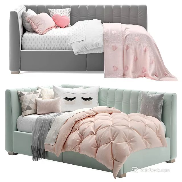 Elegant Bedroom Bed Design With Pastel Pink Quilt Tufted Headboard And Decorative Pillows 3d model 