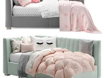 Elegant Bedroom Bed Design With Pastel Pink Quilt Tufted Headboard And Decorative Pillows 3d model