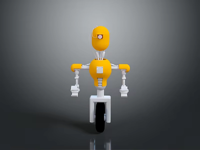 Yellow Robot Game Movie Character Riding Unicycle With White Body And Black Wheel 3d model