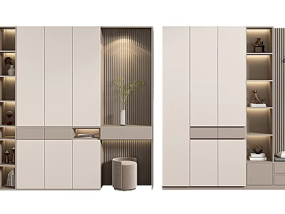 Modern Shoe Cabinet Interior Design With Multiple Doors Open Shelves And Decorative Elements 3d model