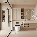 Modern Bathroom Interior Design With Large Window Round Mirror Glass Shower Partition And Vanity