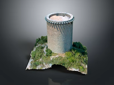 Round Stone Tower Model with Green Vegetation and Natural Terrain 3d model