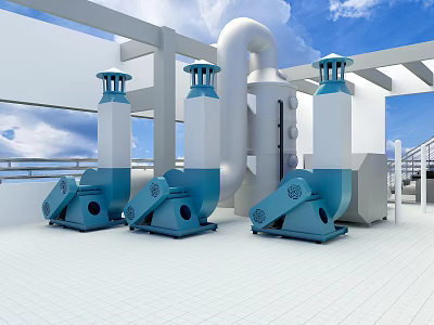 Industrial Equipment With Three Blue Ventilation Fans And Large Piping Systems On Industrial Facility Roof 3d model