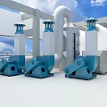 Industrial Equipment With Three Blue Ventilation Fans And Large Piping Systems On Industrial Facility Roof