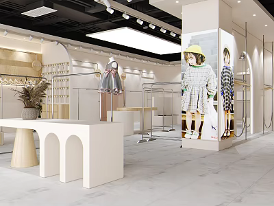 Modern Clothing Store Interior Featuring Mannequins Fashion Outfits And Display Tables 3d model